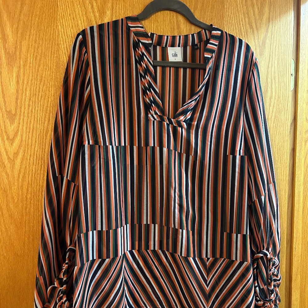 Large Cabi striped multi color (coral, green, black, and white) top